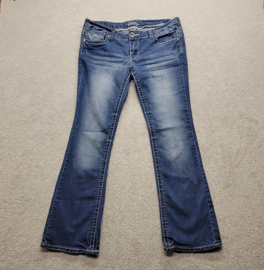 Vanity Women's Jeans 30W 31L Blue Wash Low Rise Bootcut Flare Stretch Denim Y2K